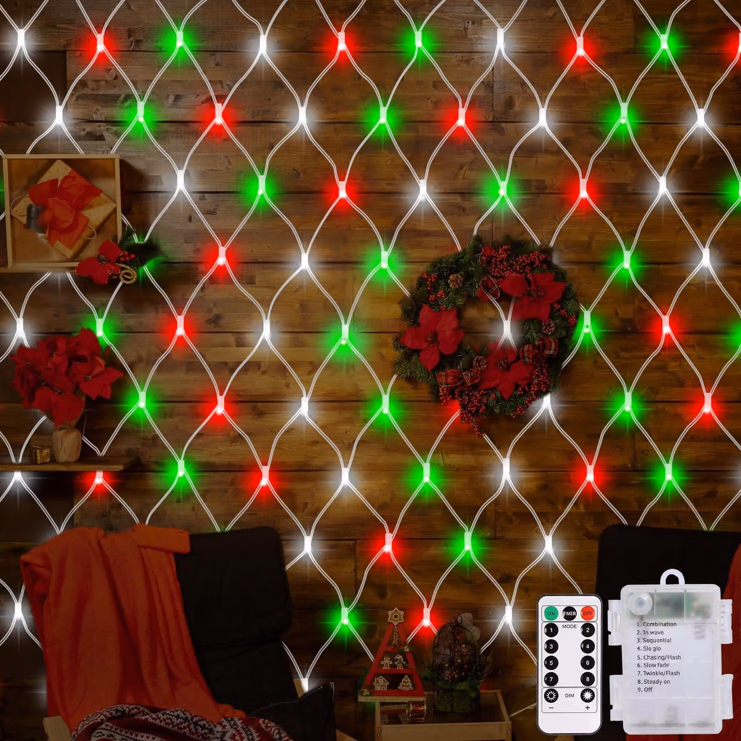 Catena luminosa a LED, alimentazione a rete, 1,5x1,5 metri, 100 LED, con telecomando