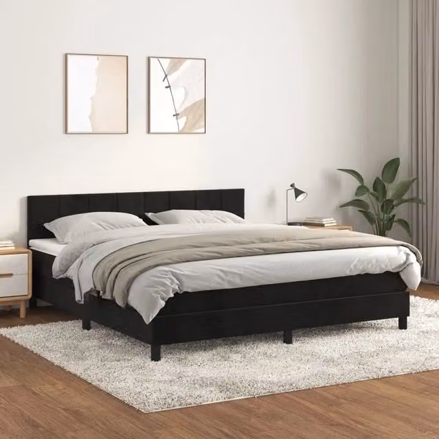 Letto Ibrido vidaXL con Giroletto a Molle e Materasso in Velluto Nero, L/P/H: 160 x 200 x 78 cm – 1
