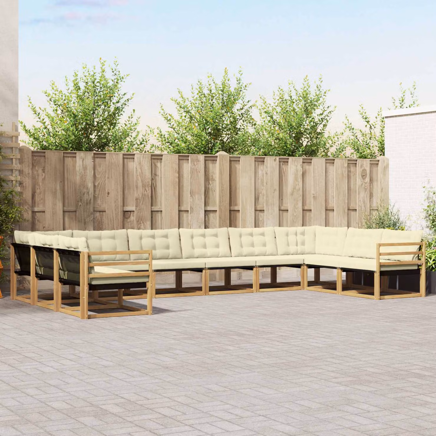 Set di divani da esterno vidaXL a forma di U composto da 10 pezzi in legno di acacia con cuscini bianchi e beige