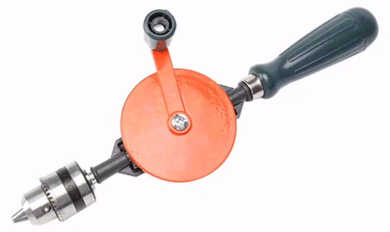 Trapano a manovella, interamente in ghisa, portatile e compatto, con sistema a doppia riduzione per la lavorazione di legno, plastica, PVC e fibra di vetro