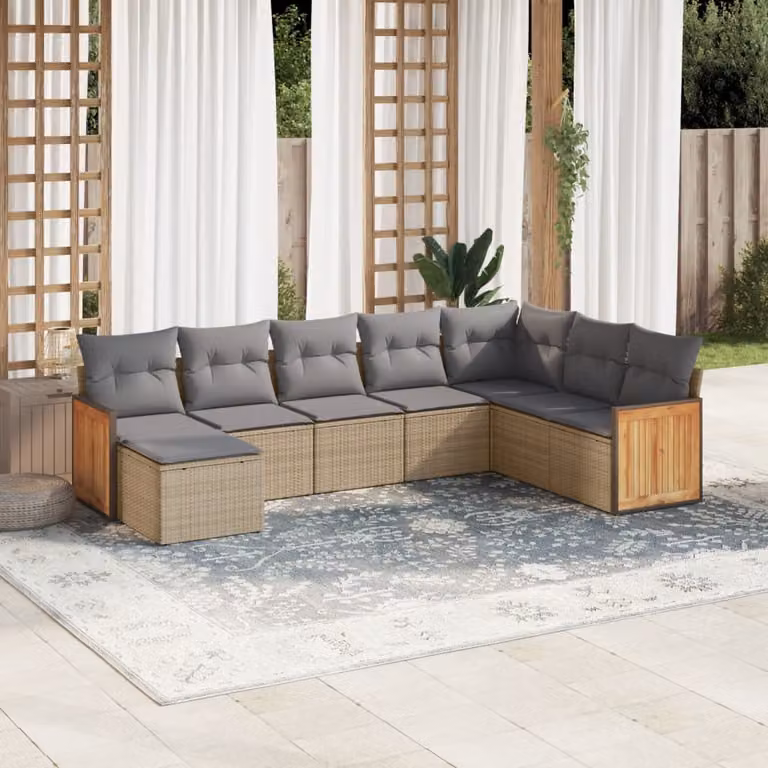 vidaXL Set Divano da Giardino 8 pz a L in Polyrattan Beige con Cuscini e Ottoman