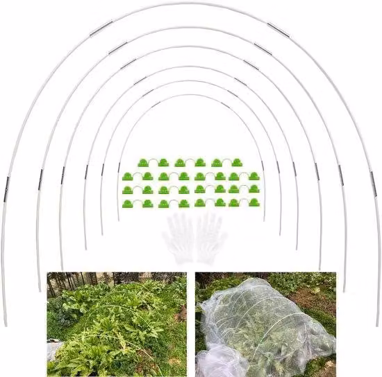 Kit completo per tunnel di protezione per piante Ibenzoa® Flexibles: 30 strisce di fibra di vetro, 24 connettori in acciaio zincato, 15 clip e guanti da lavoro per la protezione del giardino