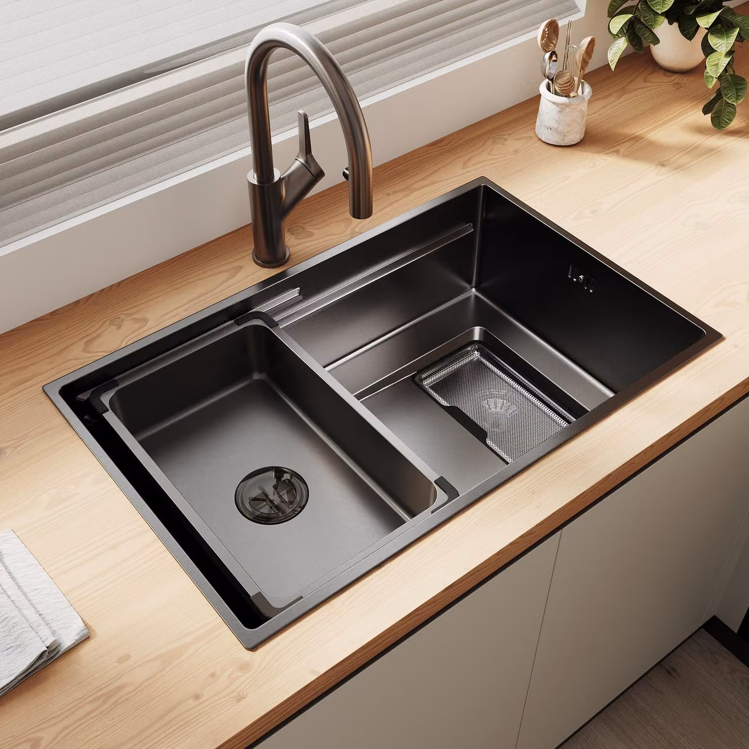 SONNI Lavello quadrato con bordo sottile 70 x 44 x 22,4 cm, nero, con filtro rettangolare , vaschetta di scarico