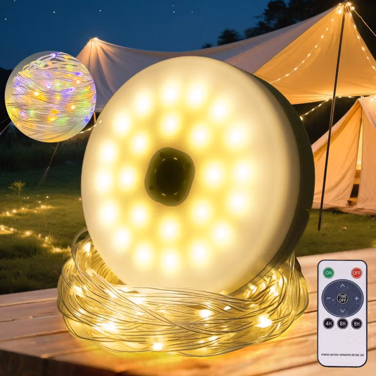 Catena luminosa a LED per campeggio, 10 metri, arrotolabile, 8 modalità, luce bianco caldo