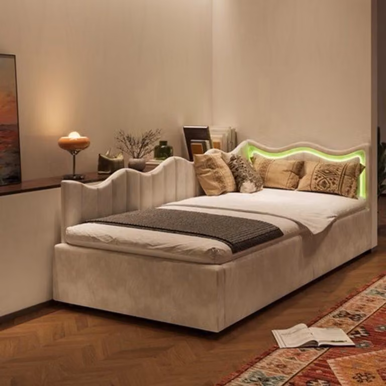 Divano letto singolo - 200x90 cm - Tessuto vellutato - Motivo a onde - Illuminazione d'ambiente LED