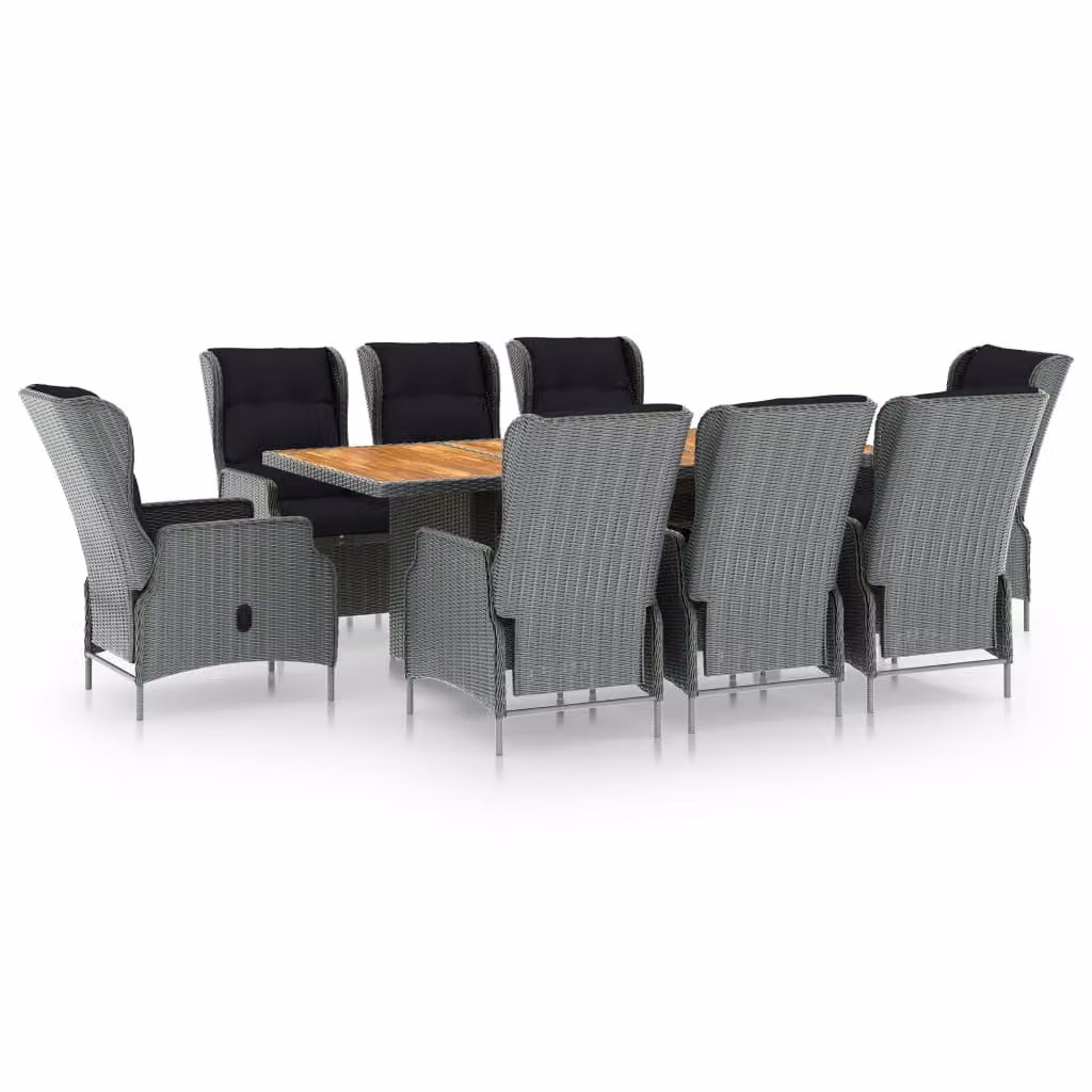 Set Pranzo da Giardino 9pz con Cuscini Polyrattan Grigio Chiaro