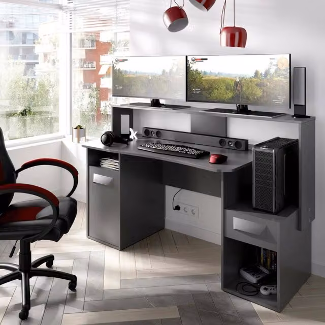 Scrivania da gaming DMORA Albertino moderna, tavolo da studio regolabile in altezza, colore Antracite, L: 154 cm, P: 69 cm, H: 98 cm