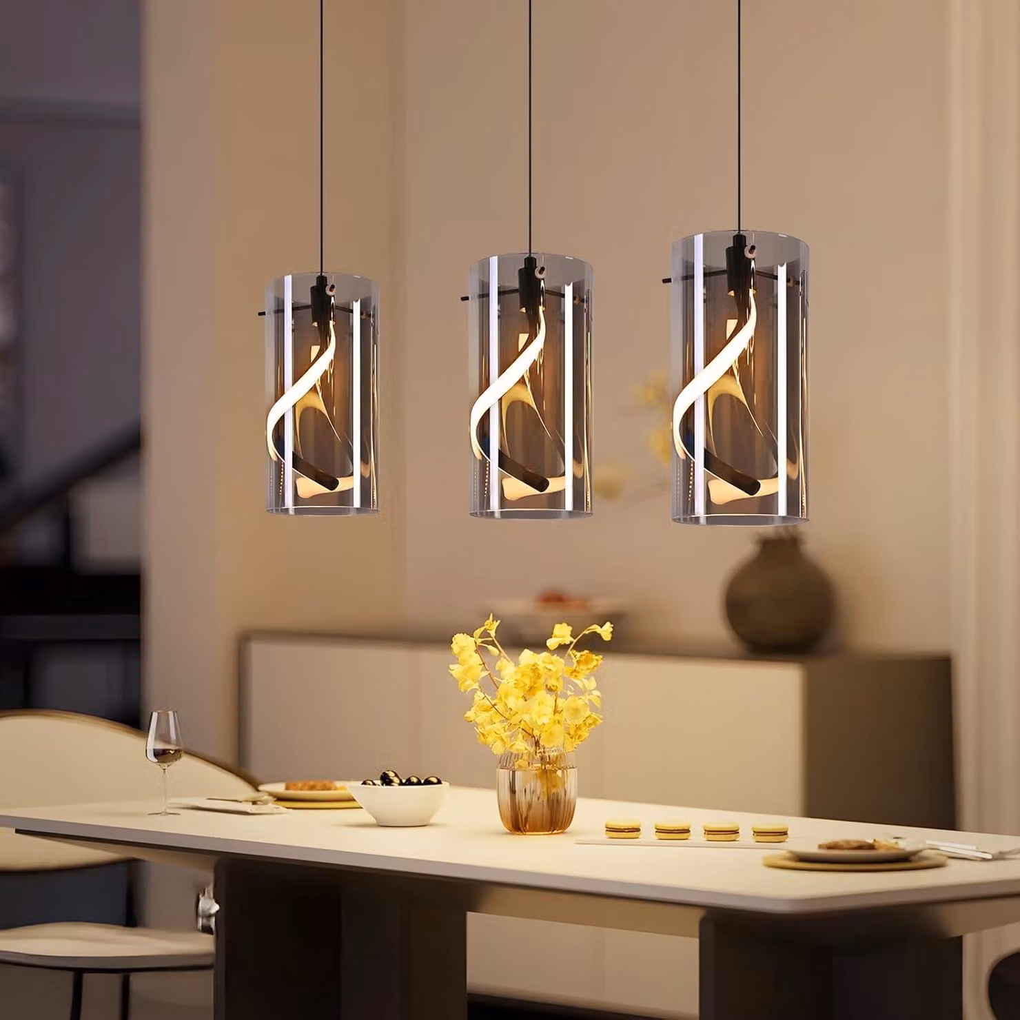 ZMH LED lampada a sospensione per tavolo da pranzo lampada a sospensione in vetro 3 fiamme lampada a sospensione per tavolo da pranzo grigio fumo lampada a sospensione regolabile in altezza 3000K per sala da pranzo
