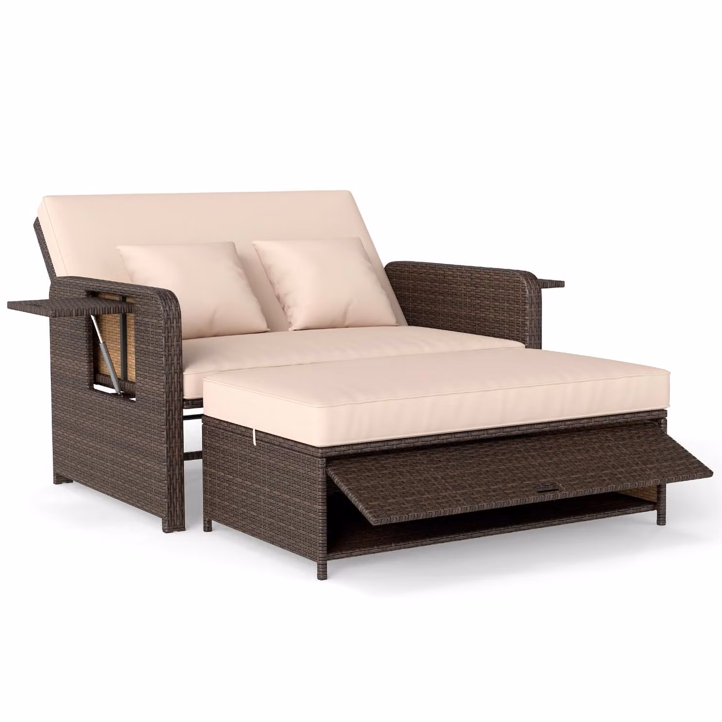 COSTWAY Divano da giardino in polyrattan 3 in 1 con schienale regolabile e braccioli, lettino da giardino, lettino prendisole, lettino doppio con cuscini e vano portaoggetti