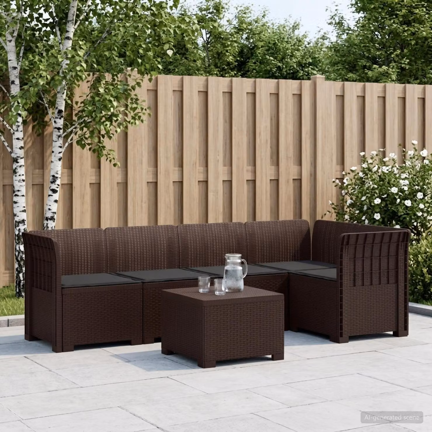 Set da giardino vidaXL a forma di L con divano da 3 posti, elemento angolare, tavolino da caffè e cuscini in polyrattan marrone e antracite