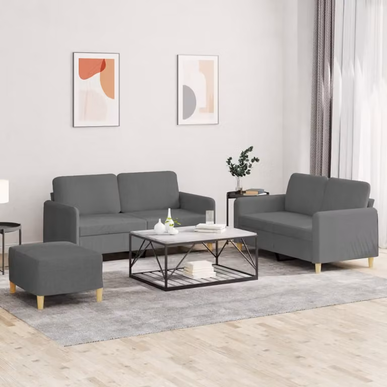 Set di Divani vidaXL 3 Pezzi con Ottoman e Cuscini in Tessuto Grigio Moderno