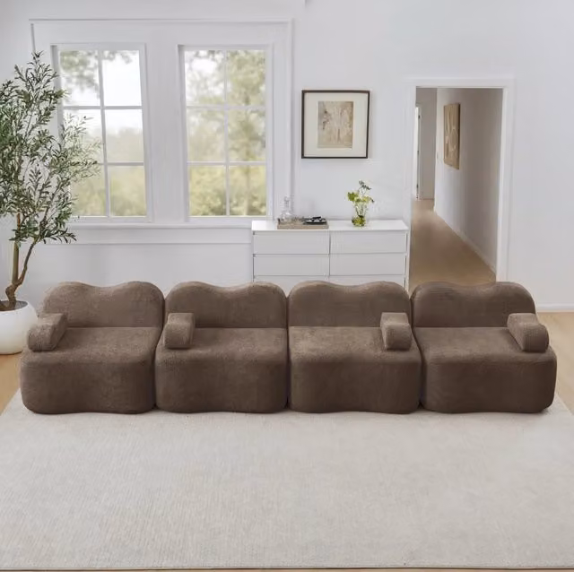 Divano modulare angolare senza struttura in velluto; forma ondulata; 384x98x70 cm; marrone