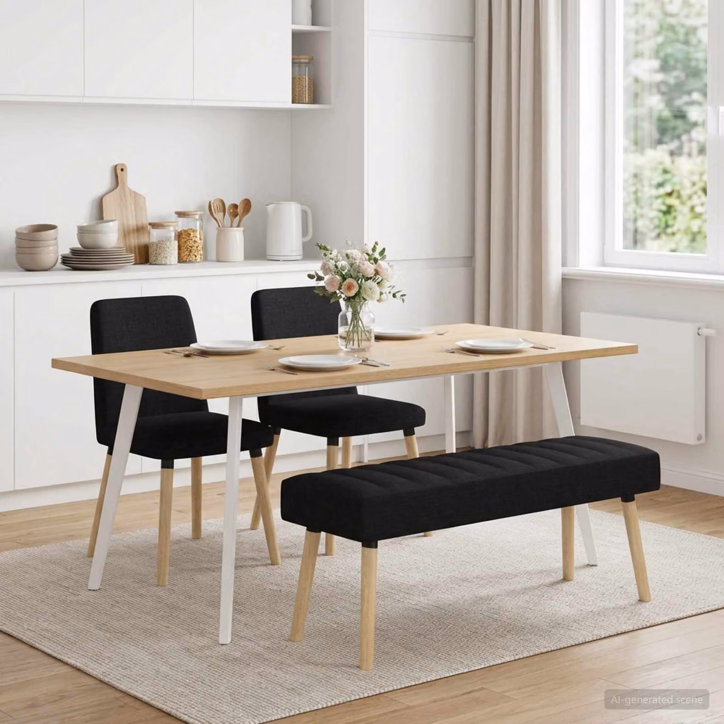 Panchina trapuntata a canale vidaXL in tessuto nero con struttura in legno di gomma L/P/H: 110 x 40 x 46 cm