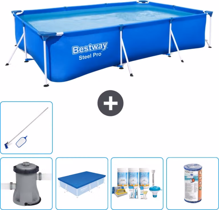Piscina Bestway Pro rettangolare in acciaio - 300 x 201 x 66 cm - blu - inclusa copertura della pompa - pacchetto di manutenzione - filtro - kit di pulizia