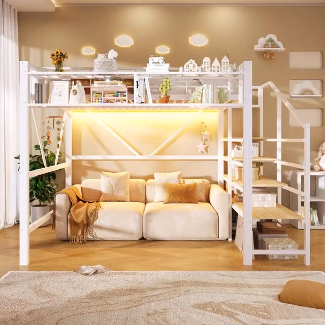 Letto a soppalco 140 x 200 cm, struttura in metallo, ripiano, luce a LED, bianco