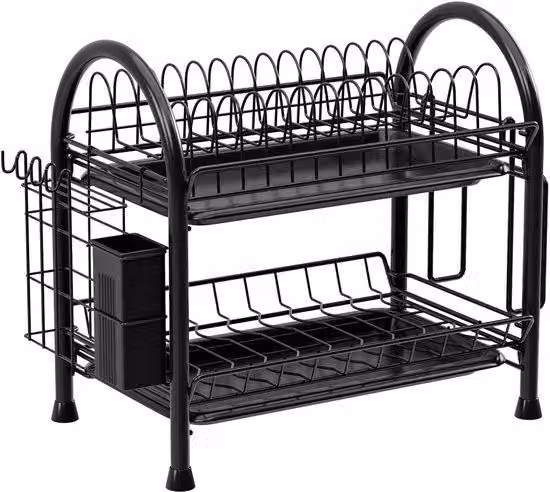 Scaffale da cucina a più ripiani per il piano di lavoro, completo di sgocciolatoio, ripiano espositivo rivestito in acciaio inossidabile e ripiano inferiore salvaspazio per piatti e tazze, nero.