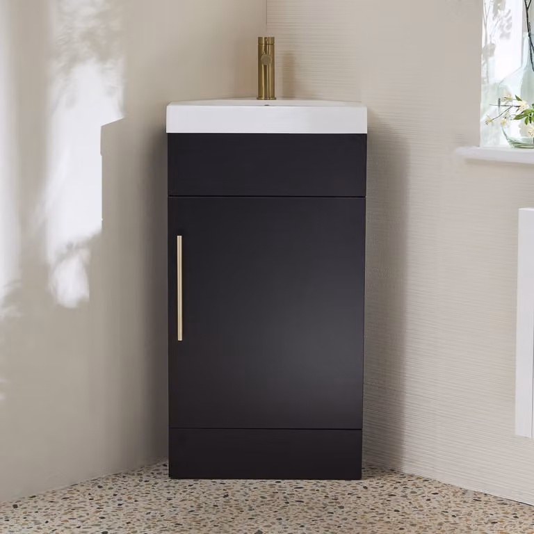 Mobile Bagno a Terra Angolare Grigio Nero da 450mm con Lavabo e Maniglia con Barra a T in Oro Satinato - Cluo