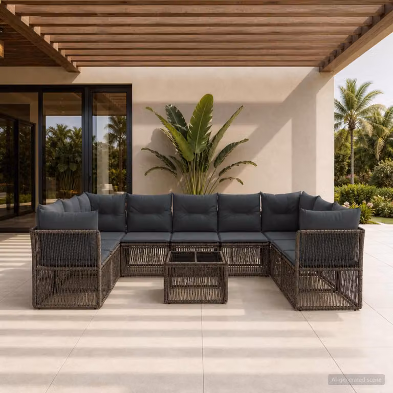 Set Divano da Giardino vidaXL 10 Pezzi a Forma di U in Polyrattan Grigio con Tavolino e Cuscini Imbottiti