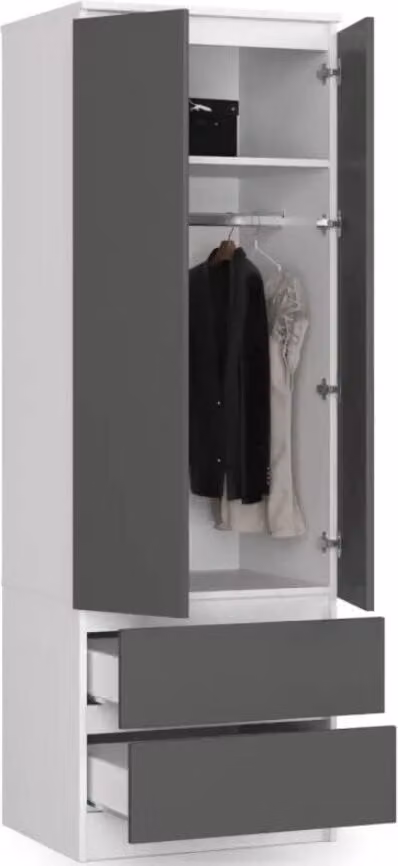 BDW, armadio 2 ante 2 cassetti, 180x60x51 cm, bianco/grigio