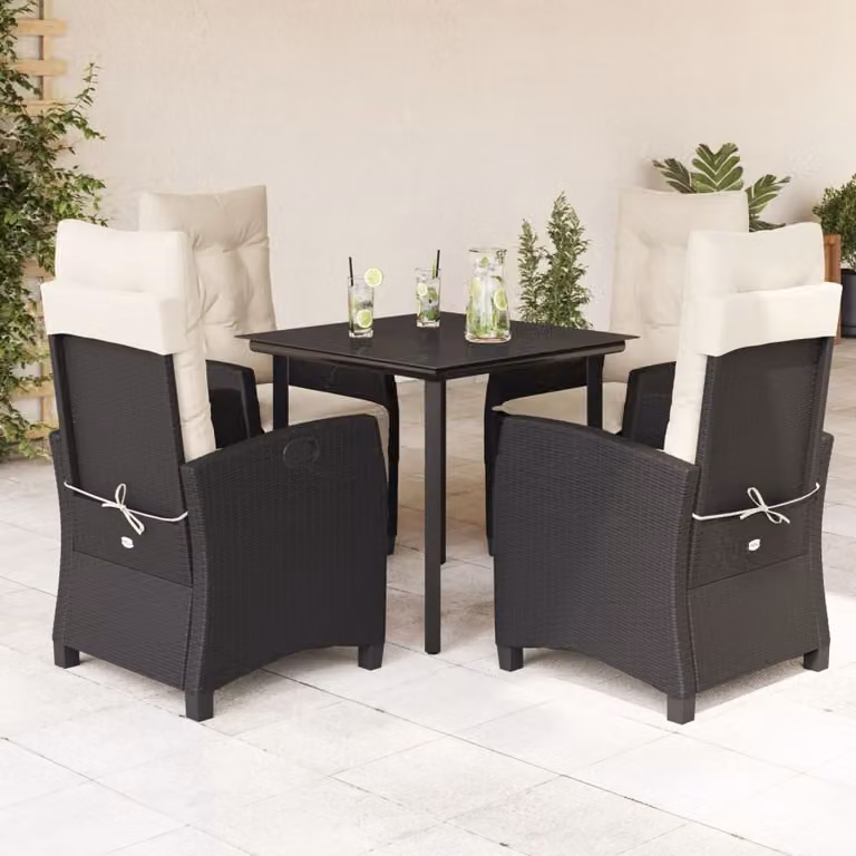 Set da Pranzo da Giardino vidaXL in Polyrattan Nero con Cuscini e Tavolo in Vetro