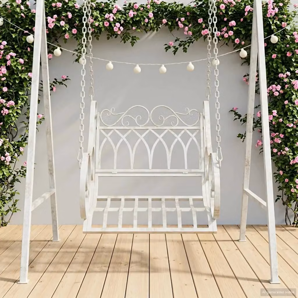 Panchina a dondolo in acciaio per giardino e terrazzo, colore bianco antico, L 71 cm x P 75 cm x H 59 cm – 2