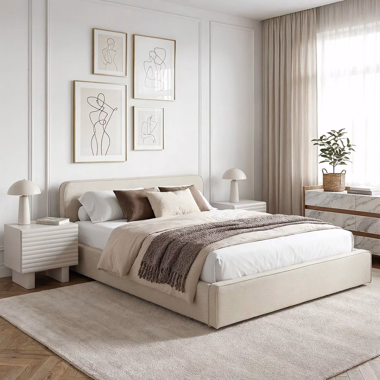 Letto imbottito MARINI, letto matrimoniale 120x200 cm, bianco crema – Letto imbottito con rete a doghe, design moderno e solida struttura in legno con piedini in plastica