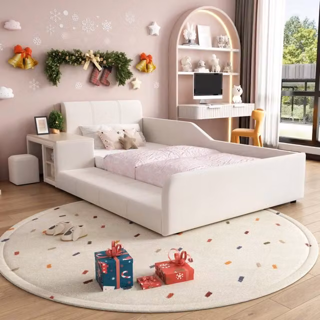 Letto singolo imbottito WISHDOR con scrivania e sgabello in velluto bianco per cameretta, L/P/H: 90 x 200 cm