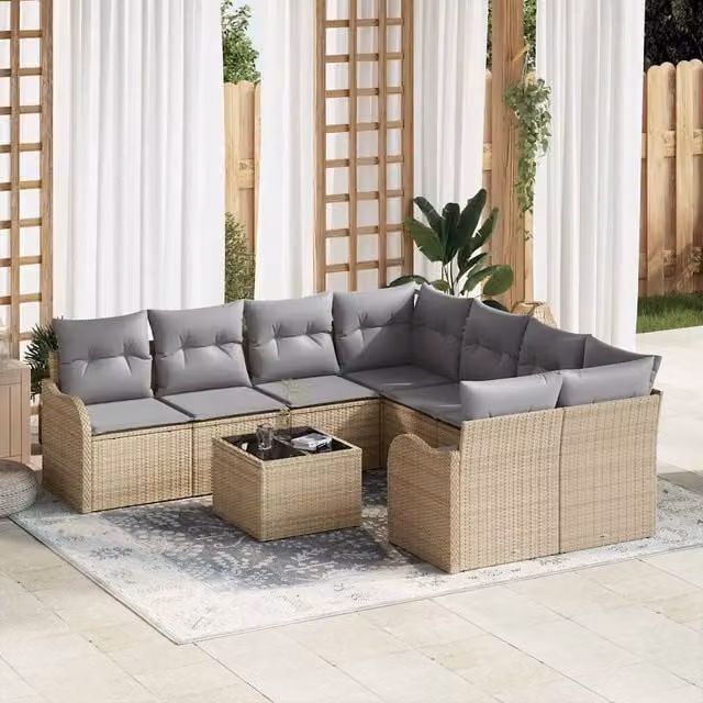 Set Divano da Giardino vidaXL 9 Pezzi con Tavolino e Ottoman, Design Moderno a L, Colore Beige e Grigio