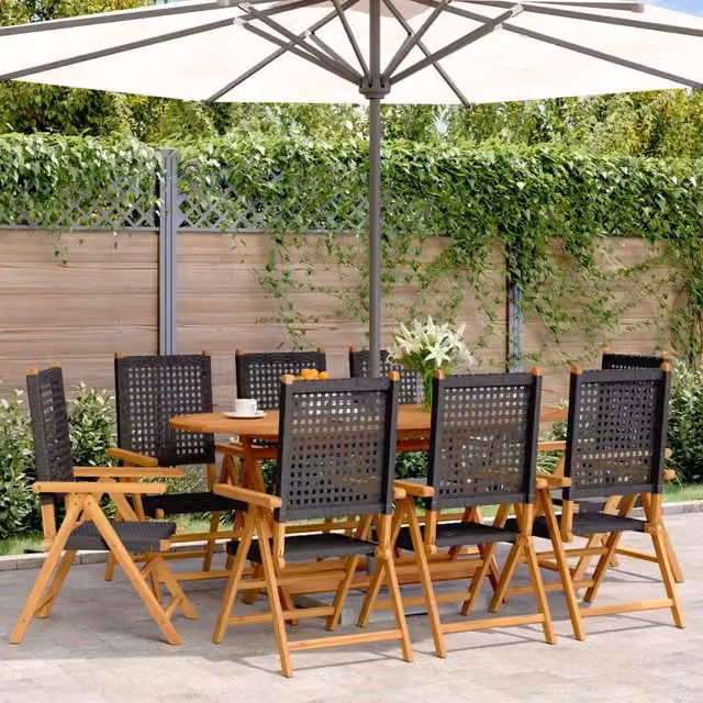Sedie Reclinabili Pieghevoli 8pz Nere Polyrattan&Legno Massello 3214522