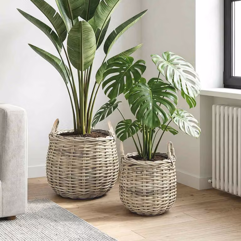 Set di 2 cestini per piante vidaXL GENDT in rattan color grigio e beige con maniglie