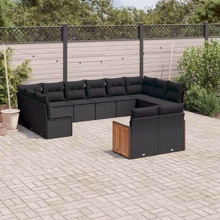 vidaXL Set di Divani da Giardino 12 Pezzi in Polyrattan Nero con Cuscini e Struttura in Legno di Acacia