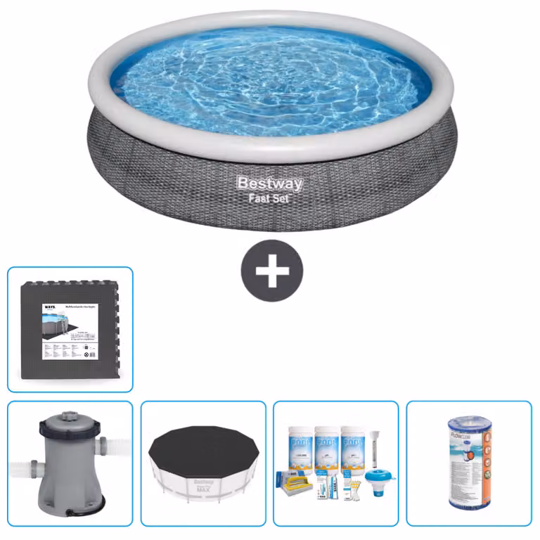 Bestway piscina gonfiabile rotonda ad ambientazione rapida - stampa rattan - 366 x 76 cm - inclusa copertura della pompa - pacchetto manutenzione - filtro - piastrelle per il pavimento