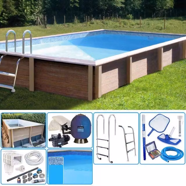 Piscina interrata NATURALIS in pietra ricostruita effetto legno, L: 467 cm, P: 324 cm, H: 140 cm, con filtrazione a sabbia, colori blu e marrone