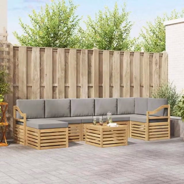 Set di divani da esterno vidaXL a forma di L composto da 8 pezzi in legno di acacia con cuscini, colore bianco e grigio – 1