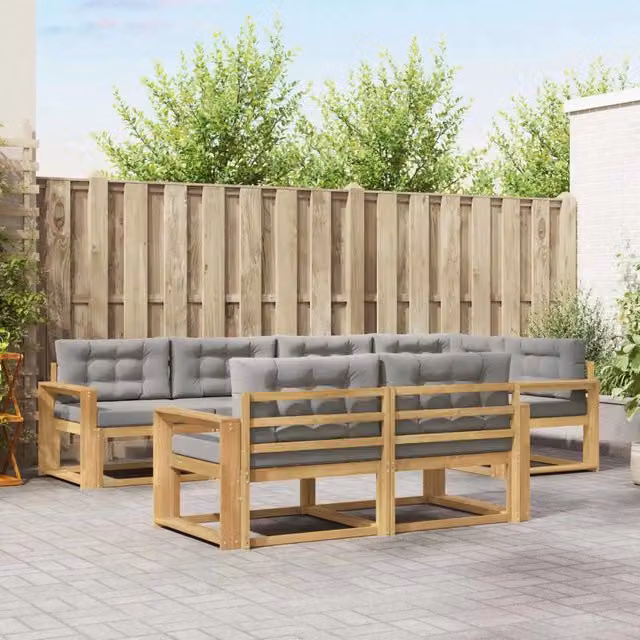 Set di divani da esterno a L vidaXL in legno di acacia con cuscini, Bianco e Grigio – 1