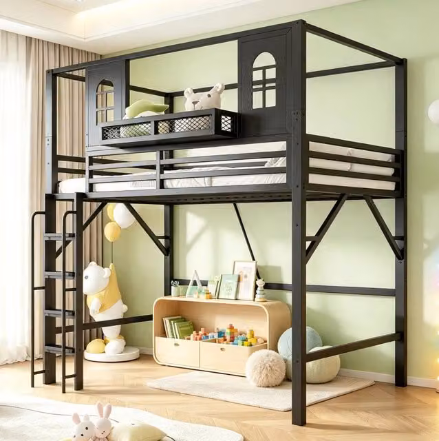 Letto a soppalco per bambini 90x200 cm in metallo con design a tetto, scala di sicurezza e mensola, ideale per camerette