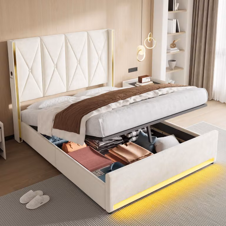 LVHOM Letto imbottito con contenitore, letto matrimoniale con luci a LED, porte USB e tasche laterali, letto funzionale, 160x200 cm, beige