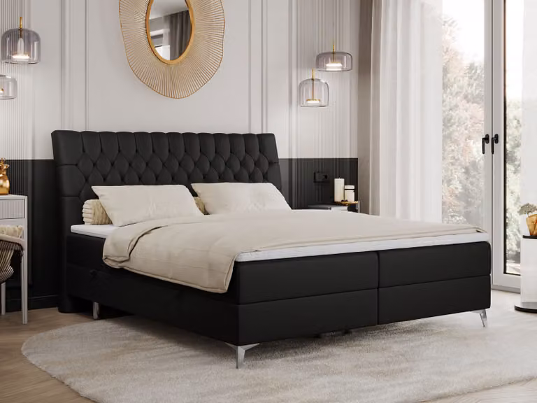 Letto con rete a molle 140x200 con 2 contenitori per biancheria, materasso e topper, letto imbottito 140x200, letto 140x200 - MILEN - 140x200 cm - Nero - Ecopelle - Durezza H3