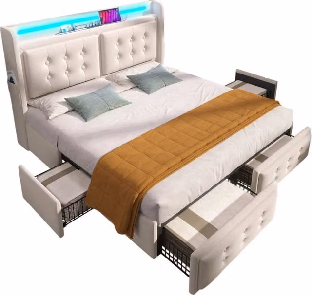 Letto imbottito 180x200 beige con testiera LED, porte USB-C e USB, 4 cassetti contenitore, rete a doghe e struttura in metallo, per camera moderna
