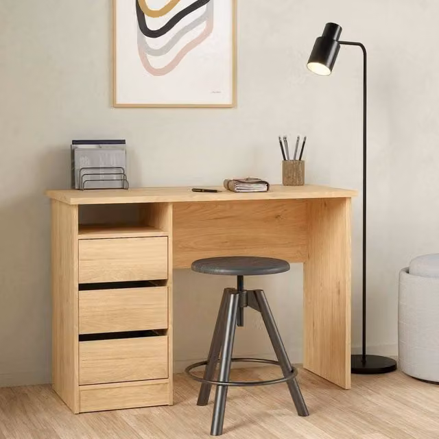 Scrivania DMORA moderna in legno color rovere, tavolo da ufficio rettangolare L 110 cm x P 48,5 cm x H 76 cm
