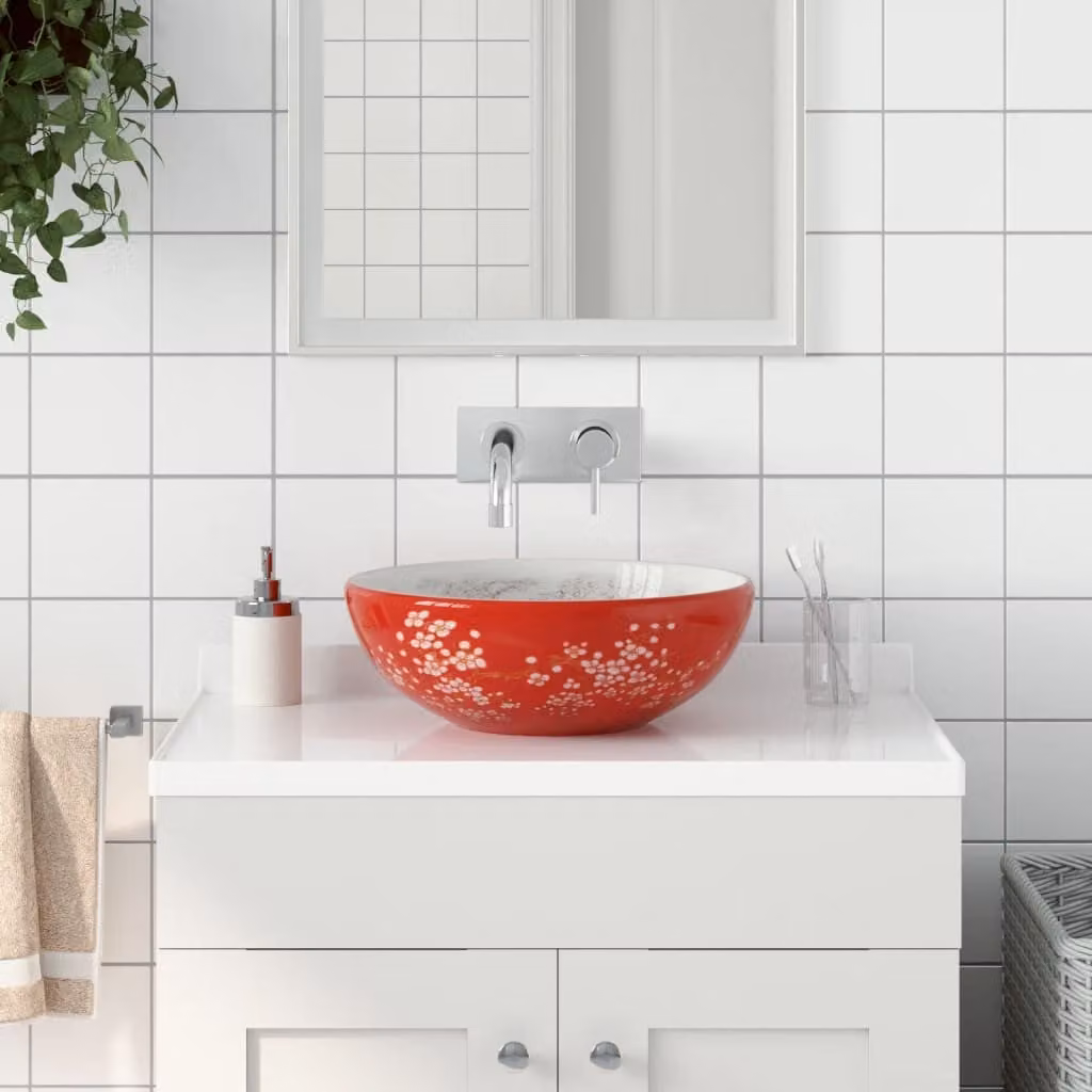 Lavabo da appoggio rotondo vidaXL in ceramica bianco e rosso, Diametro: 41 cm, Altezza: 14 cm
