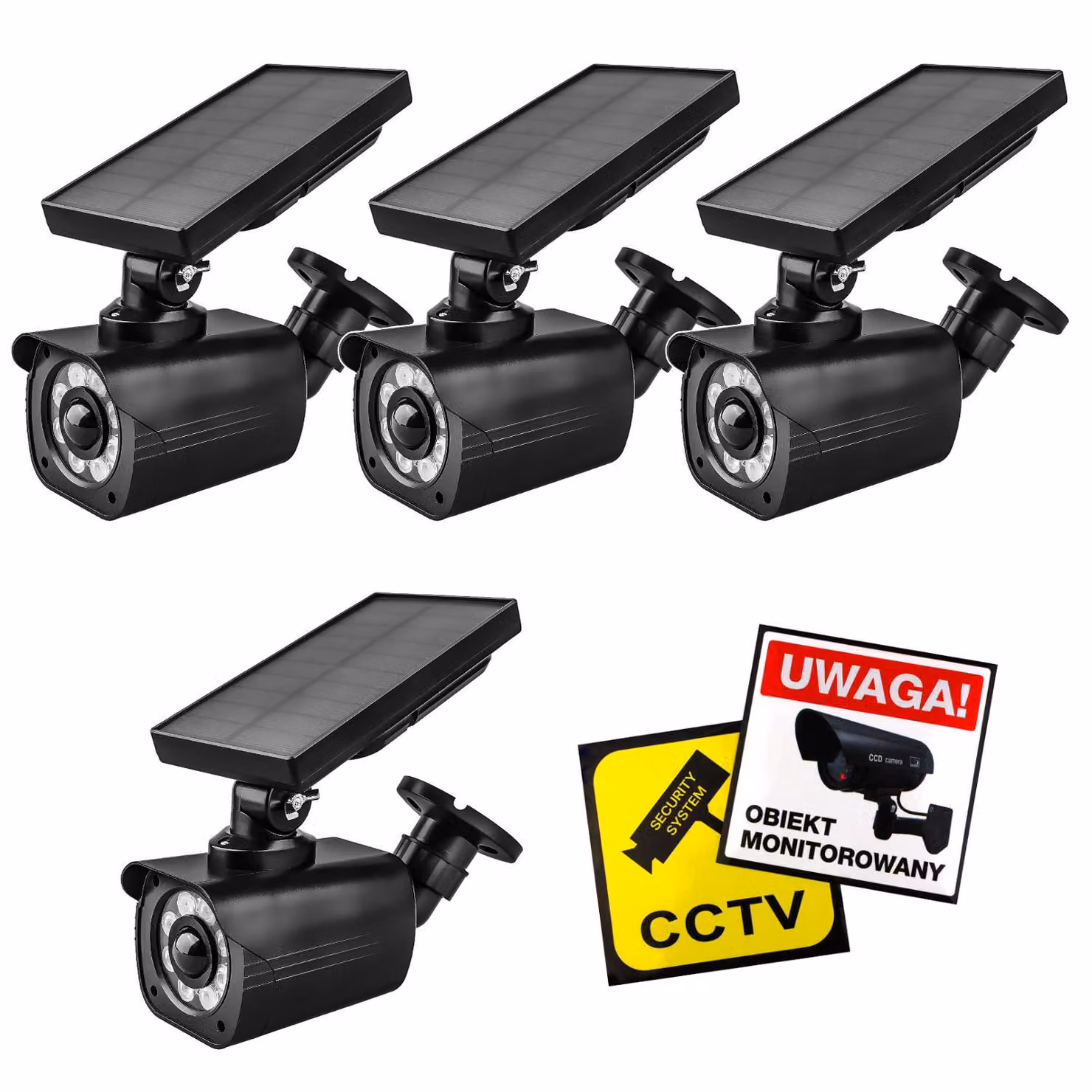 4 telecamere finte a energia solare con LED lampeggianti, sensore di movimento e illuminazione a LED. Include adesivi. Modello: SOL1800S/B