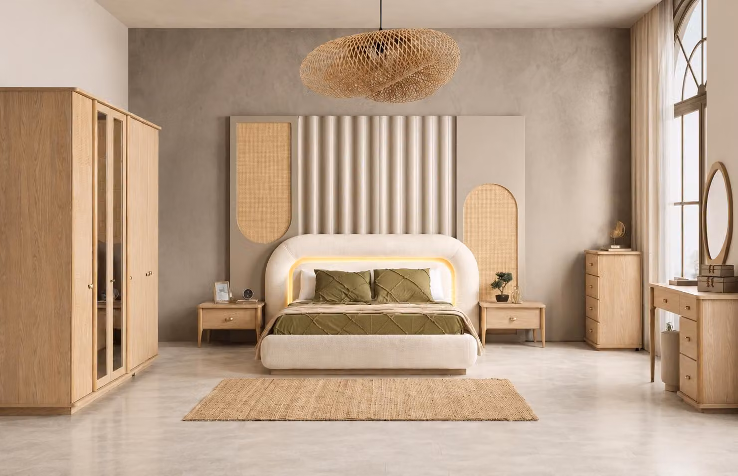 Letto matrimoniale, comodino, armadio, toeletta, cassettiera, beige, nuovo