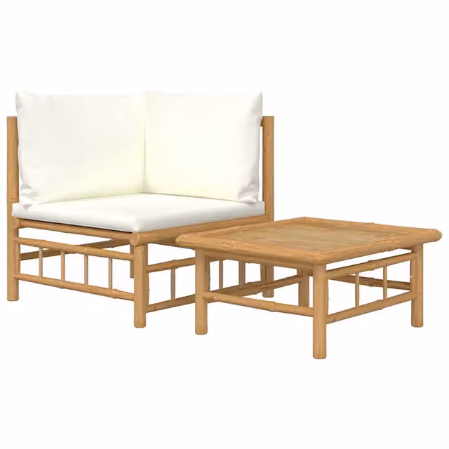 Set Salotto da Giardino 2 Pezzi in Bambù con Cuscini Bianco e Beige
