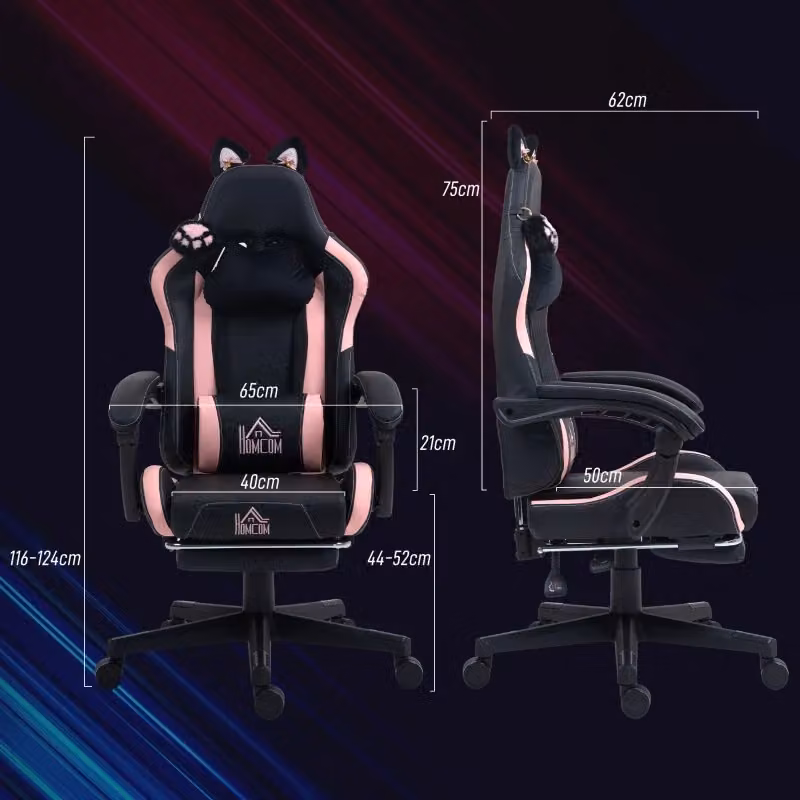 Sedia gaming OKWISH con orecchie di gatto, schienale reclinabile, poggiapiedi estraibile e poggiatesta, in ecopelle nera – 2