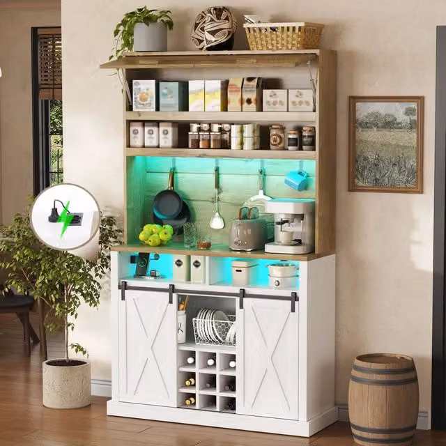 Mobile colonna da cucina con LED RGB; ripiani aperti; ante scorrevoli e ganci; MDF naturale e bianco 110 × 40 × 191 cm