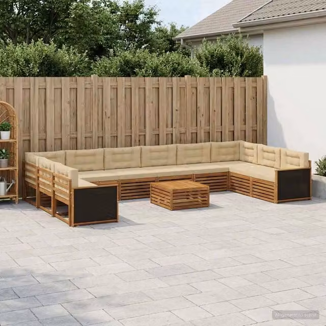 Set di divani da giardino vidaXL in legno di acacia massello, 11 pezzi, marrone e beige – 1