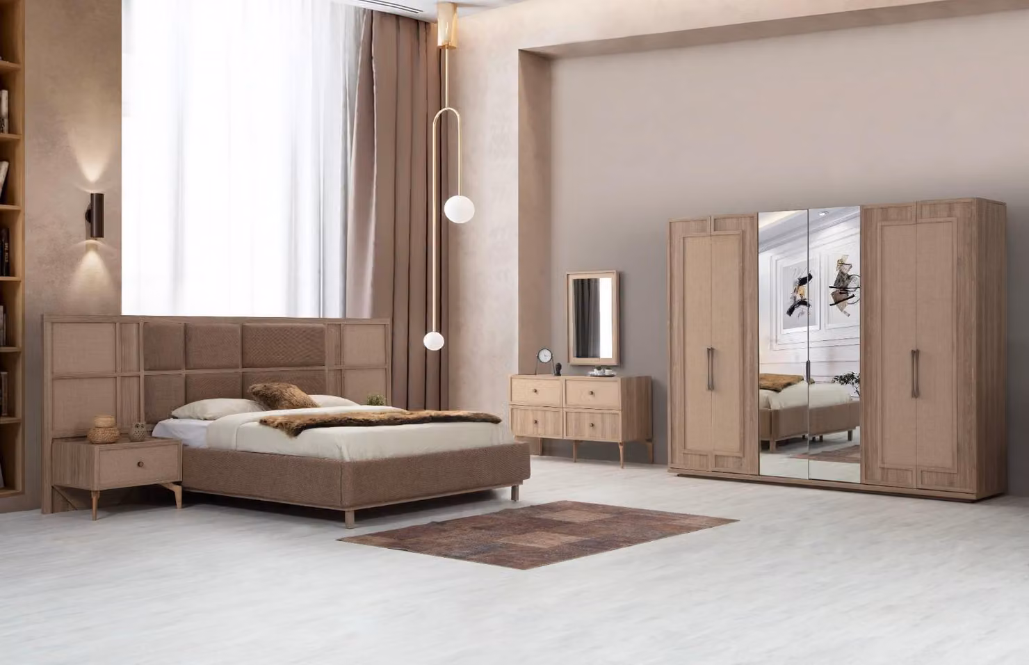 Beiges Schlafzimmer Set Polsterbett 2x Nachttische Schminktisch Schrank