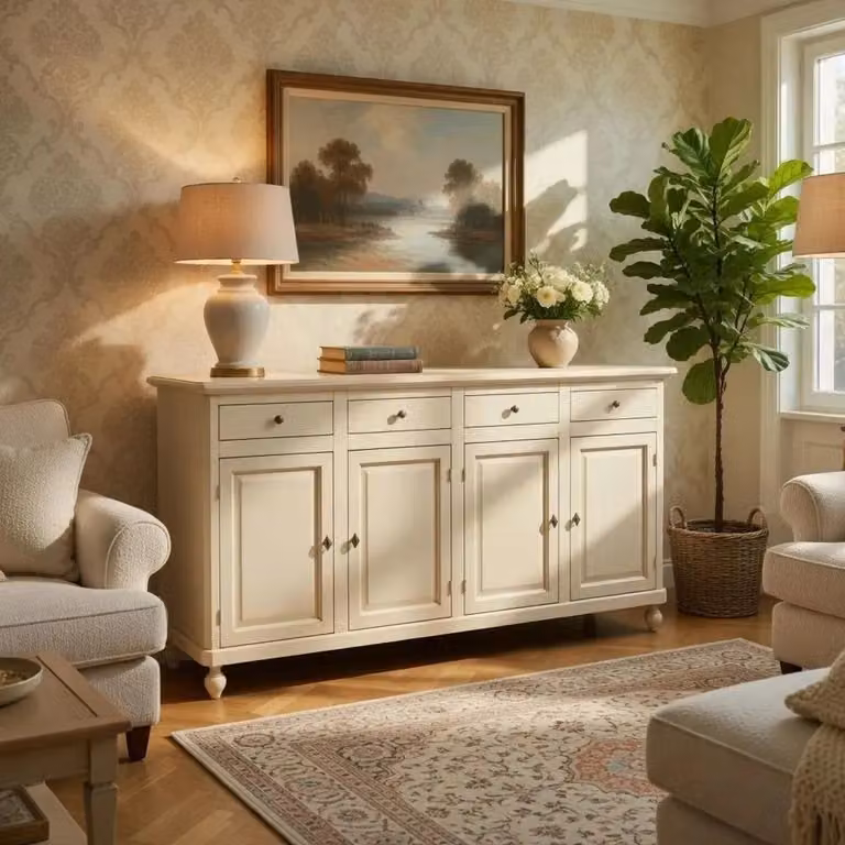 Madia credenza shabby chic in legno con 4 ante e 4 cassetti color avorio Mobili 2G L/P/H: 196 x 43 x 98 cm