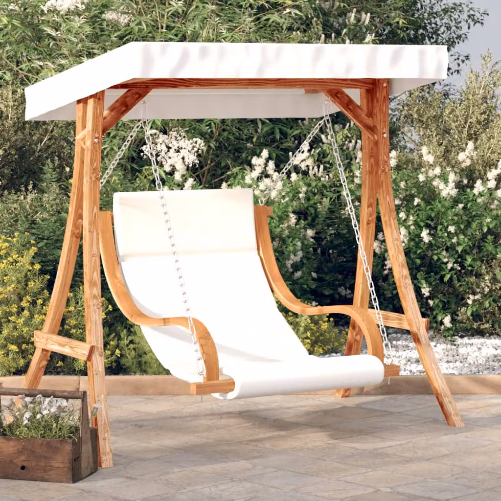 vidaXL Sedia a Dondolo con Tetto e Cuscini in Legno di Abete, Beige e Bianco